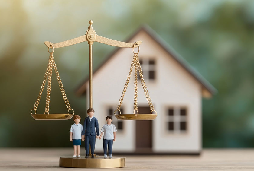 Balance scale beside family figurines in front of a house, representing estate planning decisions that protect loved ones and manage assets for the future.