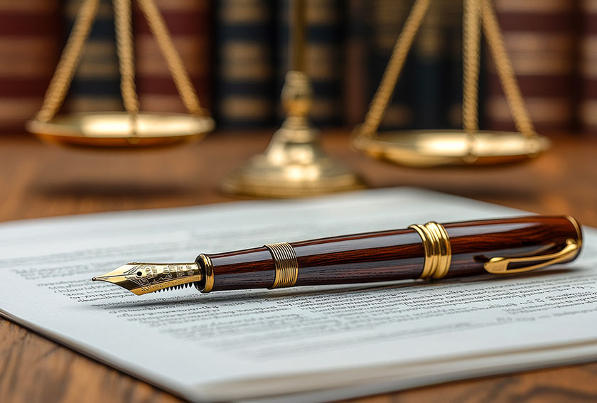 Pen on legal paperwork with a balance scale and law books in the background, representing estate planning guidance and formal legal documentation.
