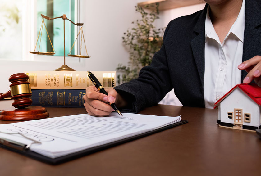 Attorney signing legal paperwork beside a gavel and model house, representing drafting wills, trusts, and other estate planning documents.