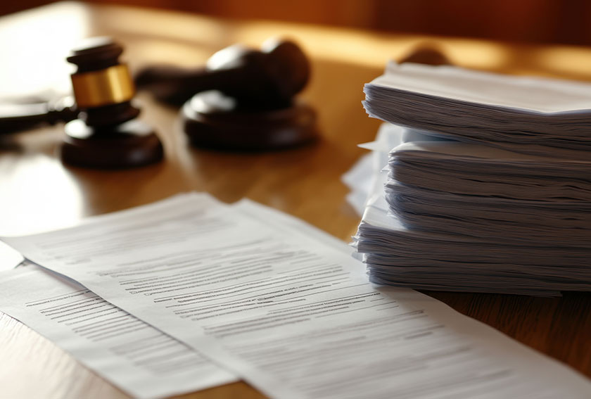Stack of legal papers next to a gavel and courtroom bench, representing the record extract, transcript deadlines, and briefing rules in Maryland appeals.